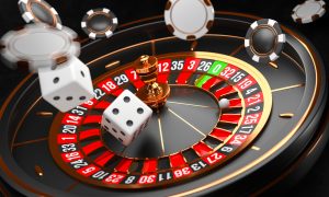 Casino background. Luxury Casino roulette wheel on black background. Casino theme. Close-up white casino roulette with a ball, chips and dice. Poker game table. 3d rendering illustration.