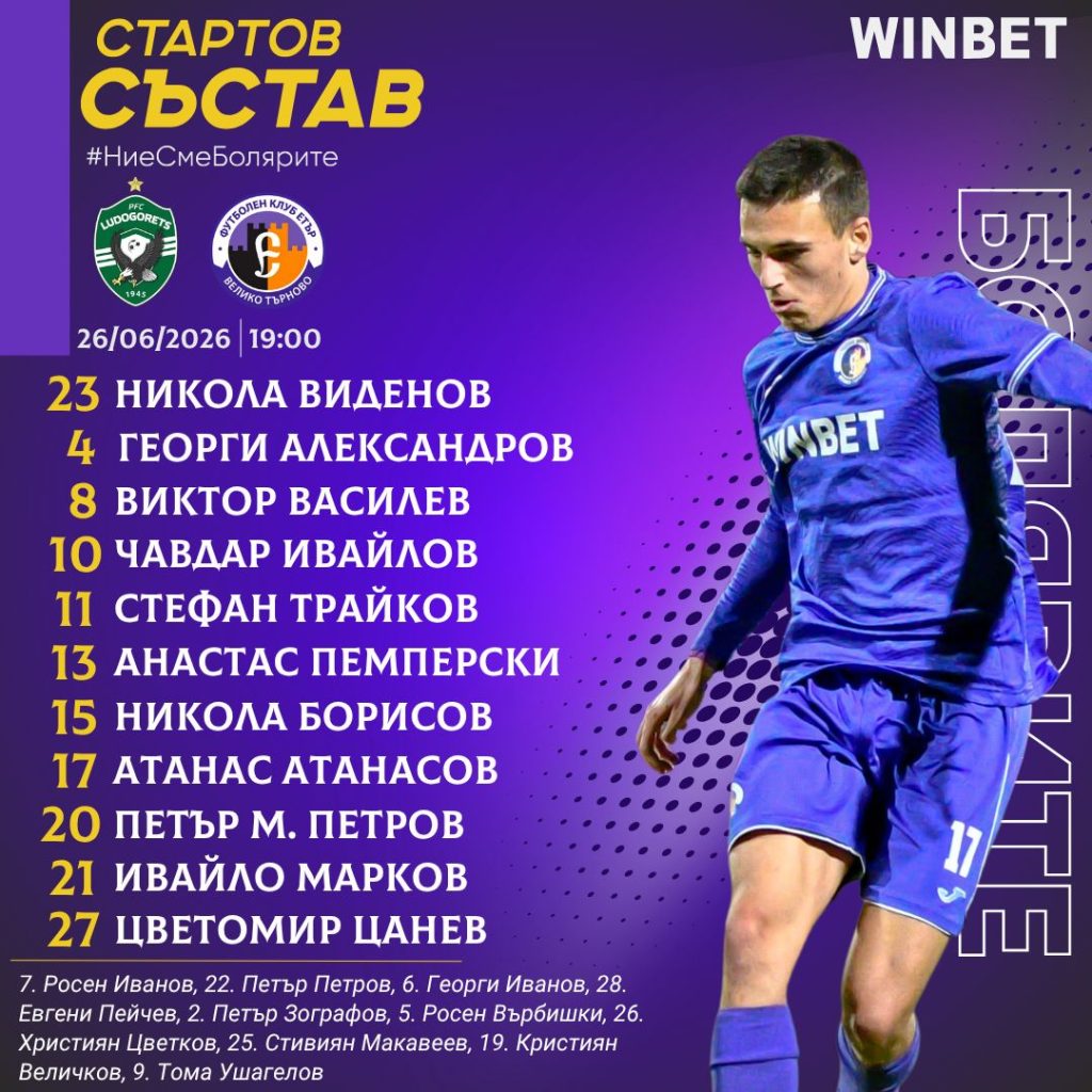 Стартов състав на “Етър” за мача с “Лудогорец”