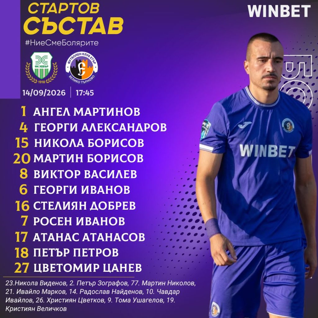 Промени в състартовия състав на “Етър” за мача с “Хебър”